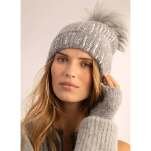 Mint Velvet Grey Sequin Wool Blend Pom Pom Hat